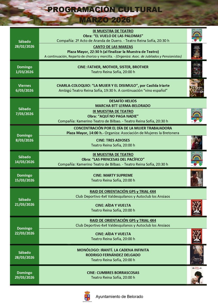 Recién salida del horno os traemos la programación cultural en #Belorado para el mes de marzo, ¡que está a la vuelta de la esquina!

¡Muy atentos para no perderos nada! 🧐

#BeloradoTieneTirón