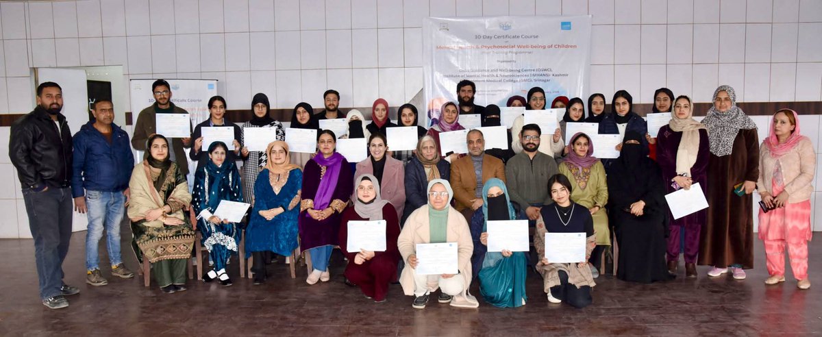 In a significant step towards strengthening child &amp; adolescent mental health services in Kashmir the <a href="/CGWC_IMHANSK/">Child Guidance & Wellbeing Center, IMHANS-Kashmir</a> successfully concluded a 10 day Certificate Course on “Mental Health &amp; Psychosocial Wellbeing of Children” at SMHS Hospital, GMC Srinagar with support from