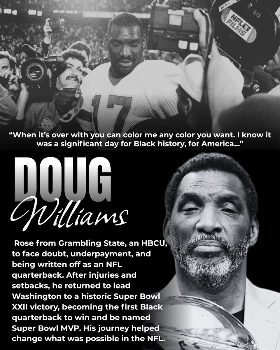 HogsFBDev's tweet image. Celebrating Doug Williams, the first Black QB to win a Super Bowl! Born in 1955, he played at Grambling State and was drafted by the @Buccaneers He is a Super Bowl XXII Champion &amp;amp; was named MVP. Williams legacy shattered barriers and opened doors for future Black QBs.