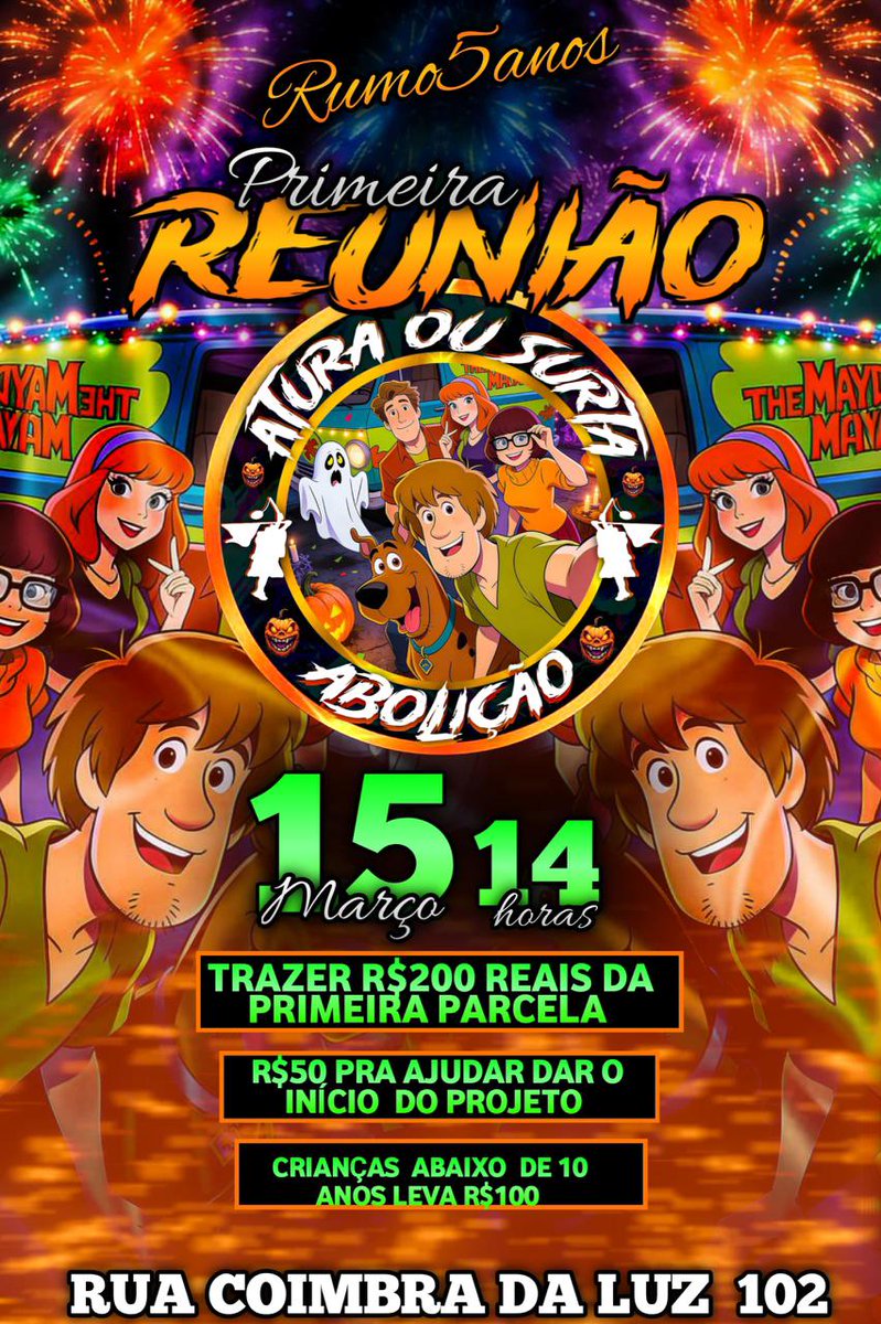 📆 Dia 15 de Março - Nossa primeira reunião 
⏰ Às 14:00 horas 
💰 Trazer os 200 reais da primeira parcela + 50 reais pra ajudar no nosso projeto. Até porque quem começa cedo, termina cedo e sem atraso.
💰 Criança abaixo de 10 anos - 100 reais 

Qualquer coisa só chamar na dm ✅