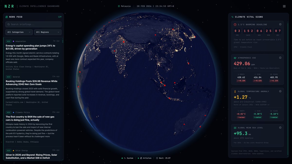 saifuladib_'s tweet photo. A couple of weeks ago I began sharing daily news about climate change and associated topics.

It did not last very long as the process was really time consuming.

So I started working on a side project and built myself a Climate Intelligence Dashboard! https://t.co/W0stJgeyY0