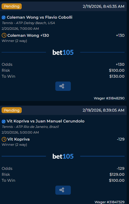 SmoothManSports's tweet photo. 🇧🇷 #ATPRioDeJaneiro 🍌 x🇶🇦 #ATPDoha 🍉 x 🇺🇸 #ATPDelray 🍓 | Friday Card 🎾
Grab your plums, 9Us in the Blender:
🍉 2U 🇷🇸 Jakub Mensik (-134/1.75)
🍓 2U 🇺🇸 Learner Tien ML (-162/1.62)
🍓 2U 🇳🇴 Casper Ruud ML (+100/2.00)
🍓 1U 🇭🇰 Coleman Wong ML (+130/2.30)
🍌 1U 🇦🇷 Thiago Agustin Tirante ML (+147/2.47)
🍌 1U 🇨🇿 Vit Kopriva ML (-129/1.78)
The @SharpCircleBet Super Team is coming for ALL the goop.
Best of luck, Super Team.
Trust the system; cash the slips.
🍐🍊🍌🍉🍇🍈🍑🍍🥥🥭🍒🍓🍋🍏🍎🥑🥝🫐
#GamblingX #GamblingTwitter #tennis #tennispicks #bet105partner #atp #wta #atpchallenger #ATPRioDeJaneiro #ATPRio #RioOpen #ATPDelray #DBOpen #ATPDoha #QatarOpen