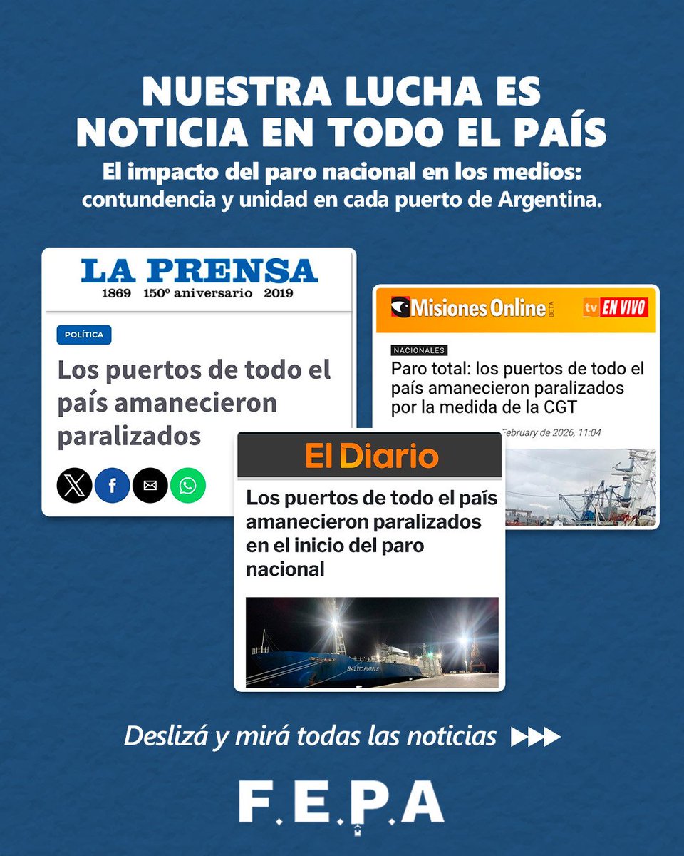 EstibadoresFEPA's tweet photo. Cobertura de los medios de la efectividad del paro de la FEPA en todos los puertos del país 🇦🇷

Los puertos argentinos completamente paralizados en defensa del trabajo y de nuestros derechos.

FEPA presente. Unidos y organizados!!

Somos la mayoría portuaria

#FEPA #MarceloOsores https://t.co/70HZ9sSVjR