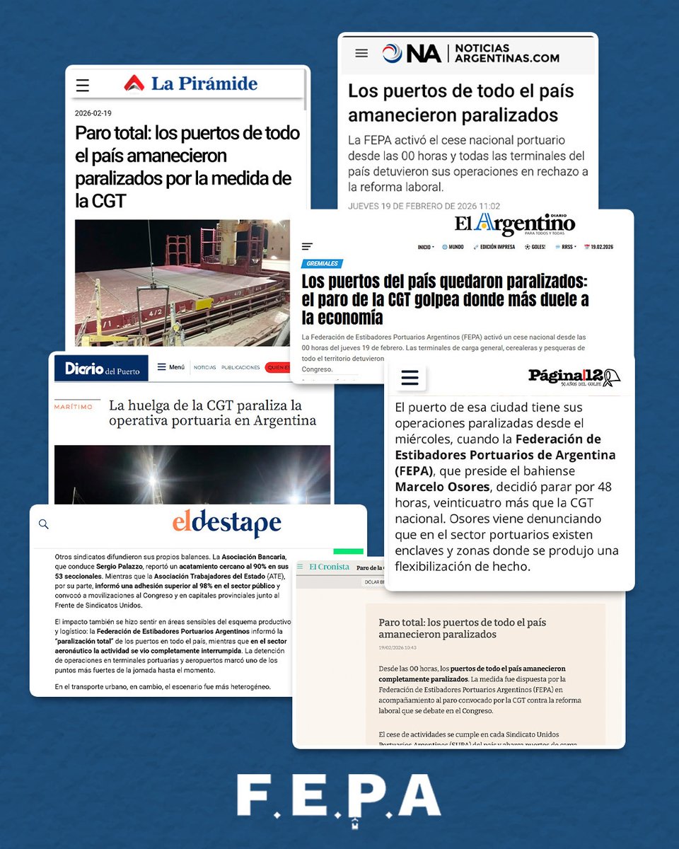 EstibadoresFEPA's tweet photo. Cobertura de los medios de la efectividad del paro de la FEPA en todos los puertos del país 🇦🇷

Los puertos argentinos completamente paralizados en defensa del trabajo y de nuestros derechos.

FEPA presente. Unidos y organizados!!

Somos la mayoría portuaria

#FEPA #MarceloOsores https://t.co/70HZ9sSVjR