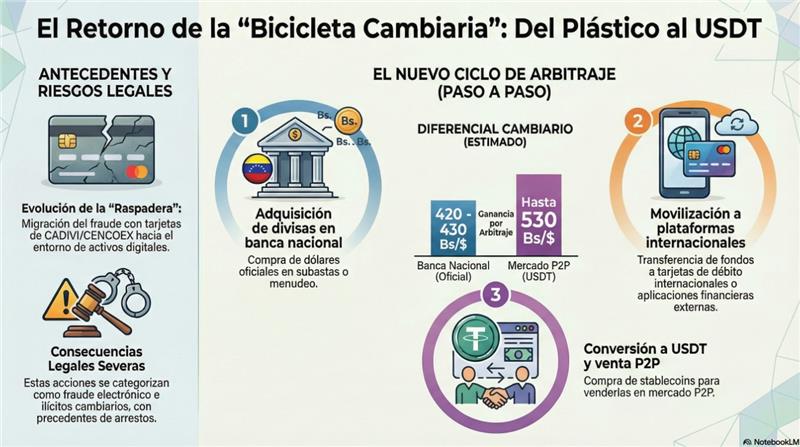 ¿Arbitraje o especulación? 🚲 

🇻🇪Venezuela vive el resurgimiento de la "bicicleta cambiaria". Usuarios compran dólares en la banca nacional (tasa oficial) para adquirir USDT y revenderlos en mercados P2P a un precio superior. Un ciclo que recuerda a la antigua "raspadera de