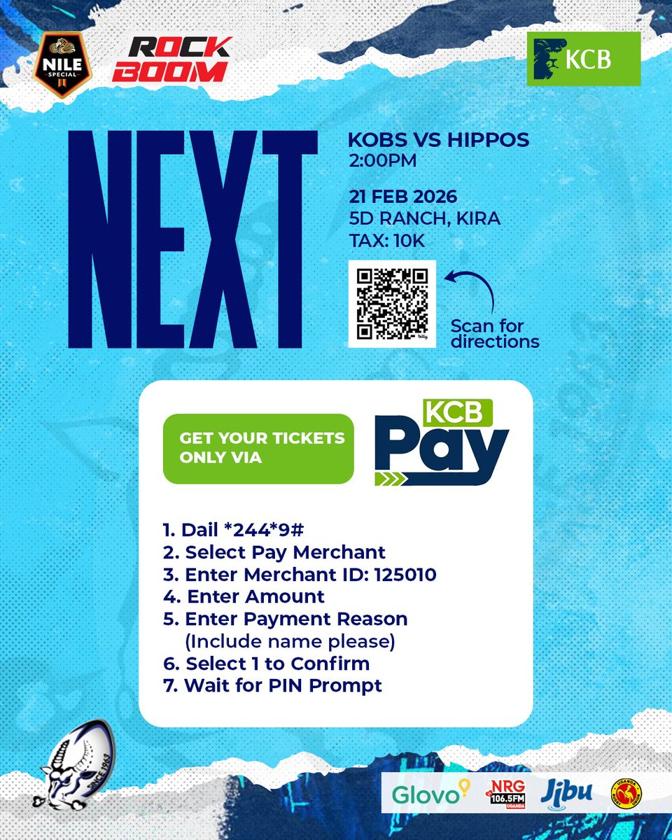 KobsrugbyUg's tweet photo. TICKET GIVEAWAY ALERT! 

Pay for 2 match ticket using KCB Pay and stand a chance to WIN a complimentary ticket! 

Here’s how to enter:
1️⃣ Pay via KCB Pay (Follow the prompts in the image)
2️⃣ Take a screenshot of your payment
3️⃣ Share the screenshot with me (DM)

Offer is Valid till 8:00pm!
#KCBKOBs #PoetryInMotion #BlueArmy