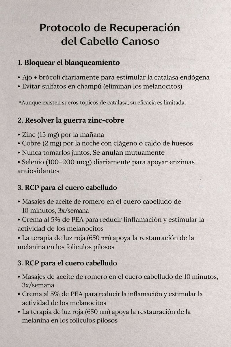 MZora0419's tweet photo. Protocolo para la Recuperación de la Melanina

1. Bloquea la decoloración

• Ajo y brócoli a diario para estimular la catalasa endógena
• Evita los sulfatos en el champú (destruyen los melanocitos)

*Aunque existen sérums tópicos de catalasa, su eficacia es limitada.

2. Soluciona la guerra entre el zinc y el cobre

• Zinc (15 mg) por la mañana
• Cobre (2 mg) por la noche con colágeno o caldo de huesos
• Selenio (100-200 mcg) a diario para favorecer las enzimas antioxidantes
• Nunca tomes zinc y cobre juntos. Se anulan mutuamente.

3. RCP del cuero cabelludo

• Masaje con aceite de romero de 10 minutos 3 veces por semana
• Crema con 5% de PEA para reducir la inflamación y estimular la actividad de los melanocitos
• La terapia de luz roja (650 nm) favorece la restauración de la melanina en los folículos canosos