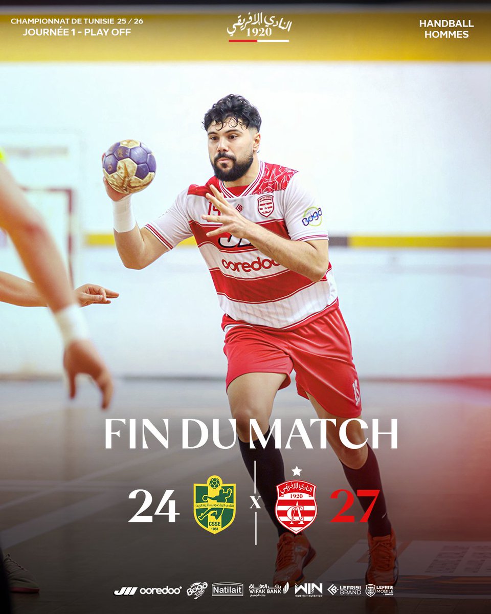clubafricain's tweet photo. 🇦🇹 𝗙𝗶𝗻 𝗱𝘂 𝗠𝗮𝘁𝗰𝗵 🤾‍♂️ J01 Play-Off 
C. S. Sakiet Ezzit    24 - 27    Club Africain 
#CAhand #Until_the_last_breath https://t.co/iRL28UGkGS