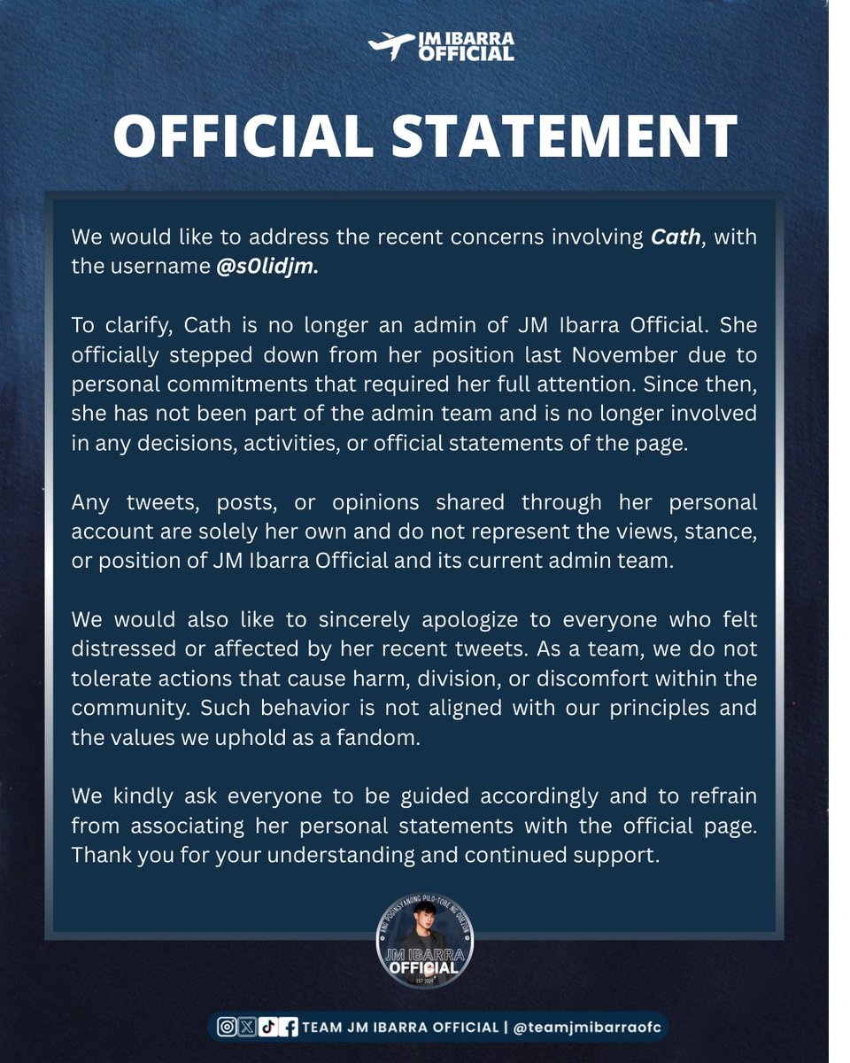 TeamJMIbarraOFC's tweet photo. 𝐎𝐅𝐅𝐈𝐂𝐈𝐀𝐋 𝐒𝐓𝐀𝐓𝐄𝐌𝐄𝐍𝐓

In light of recent events, we are issuing this official statement to provide clarification and proper guidance.

We ask everyone to be guided accordingly as we continue to uphold respect within our community.

#JMIbarra https://t.co/ivcFI1jJbH