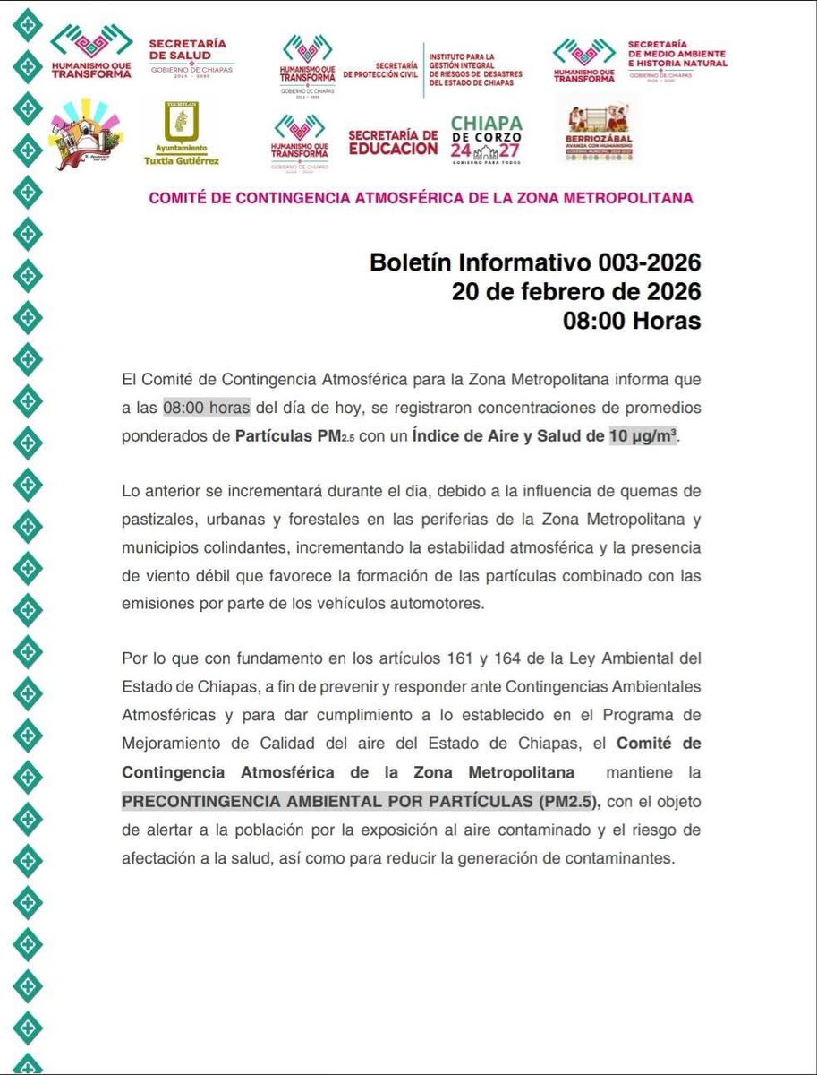 🚨 SE SUSPENDE Fase I de Contingencia Ambiental; continúa la Precontingencia Ambiental

El Comité de Contingencia Atmosférica para la Zona Metropolitana informó que este día se registraron concentraciones promedio de PM2.5 con un Índice de Aire y Salud de 10 µg/m³.

Se prevé que