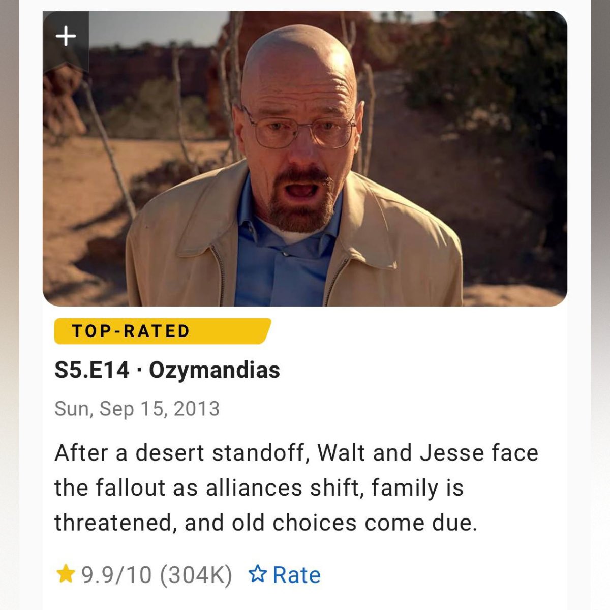 The fifth episode of ‘A KNIGHT OF THE SEVEN KINGDOMS’ fell from 9.8 to 9.7, reportedly after a wave of 1-star reviews from Breaking Bad fans.

In response, members of the Game of Thrones fandom reportedly targeted ‘Ozymandias.’ Its near 13-year 10.0 rating has now dropped to 9.9.