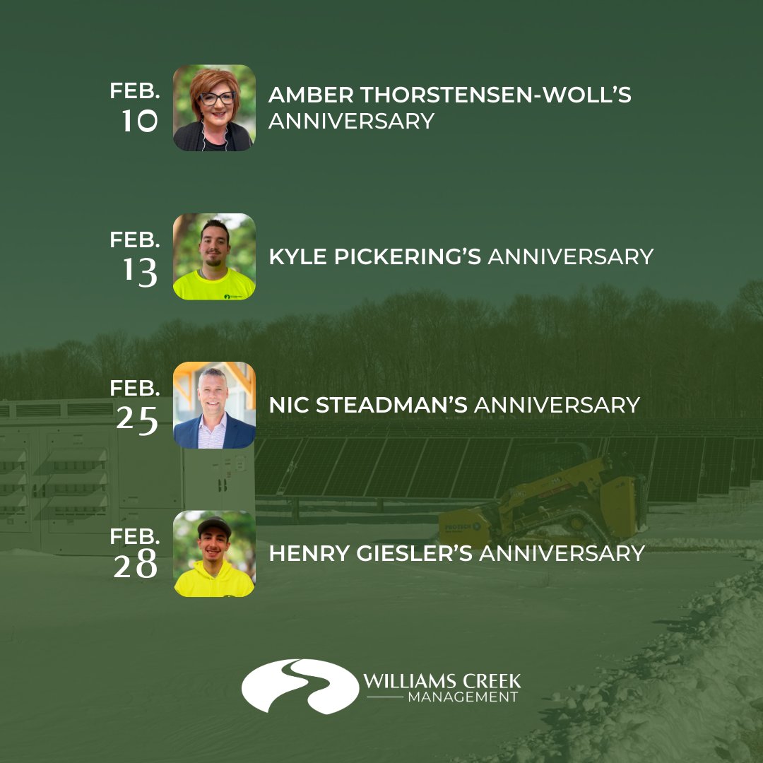 In the month of February, we are celebrating Amber, Kyle, Nic, and Henry’s work anniversaries! We are thankful for their dedication and hard work, contributing to Williams Creek’s culture and success.

#WilliamsCreek #WilliamsCreekTeam #TeamCulture #WorkAnniversary