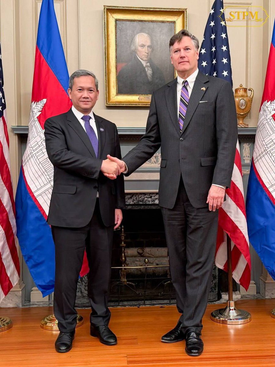 spforstpm's tweet photo. U.S. Deputy Secretary of State: United States Seeks Further Trade and Economic Opportunities to Strengthen and Expand Economic Partnership with Cambodia

On the afternoon of 19 February 2026, Samdech Moha Borvor ThipadeiHun Manet, Prime Minister of the Kingdom of Cambodia, held a working discussion with His Excellency Christopher Landau, United States Deputy Secretary of State, while leading a high-level delegation of the Royal Government of Cambodia to the inaugural meeting of the Board of Peace in Washington, D.C., United States.

During the meeting, His Excellency the Deputy Secretary of State thanked Cambodia for its participation as a founding member of the Board of Peace and highly valued the presence of Samdech Thipadei at the inaugural meeting. He also informed Samdech Thipadei that President Donald J. Trump takes great pride in his contribution to ending the conflict between Cambodia and Thailand. His Excellency the Deputy Secretary added that the United States fully understands the value of peace for Cambodia and will continue to work closely with all relevant parties to achieve lasting peace along the Cambodia–Thailand border. Regarding bilateral relations, His Excellency expressed satisfaction with the continued positive development of U.S.–Cambodia relations and cooperation. He also highlighted new opportunities to further strengthen the partnership, particularly in the trade and economic sectors. Furthermore, he thanked Cambodia for the recent purchase of Boeing 737 MAX aircraft by Air Cambodia. Noting Cambodia’s rapid socio-economic progress, he emphasised that the United States is seeking further trade and economic opportunities to strengthen and expand its economic partnership with Cambodia.

In response, Samdech Thipadei expressed his gratitude to the United States for its past assistance and support to Cambodia, which contributed to accelerating the country’s development and reconstruction following the complete end of the protracted civil war. He also highly valued the progress in relations and cooperation between the two countries, particularly in the areas of trade, defence, and security. Samdech Thipadeiextended his appreciation to President Donald J. Trump for his continued efforts to advance the Cambodia–Thailand peace process and requested the continued support of the United States in maintaining peace along the border. Additionally, Samdech Thipadei briefed His Excellency the Deputy Secretary on the latest developments regarding the situation along the Cambodia–Thailand border and reaffirmed Cambodia’s position to resolve border issues peacefully, based on international law, conventions, treaties, and existing bilateral agreements.

Before concluding, Samdech Thipadei and His Excellency the Deputy Secretary of State discussed further measures to strengthen and expand cooperation in trade, economic affairs, security, defence, combatting transnational crime, as well as cooperation within regional and international frameworks.

SP-STPM Unofficial Translation

Join ឆាណែលតេលេក្រាមក្រុមអ្នកនាំពាក្យរបស់នាយករដ្ឋមន្រ្តី (https://t.co/uDR4yG5hU7)
#hunmanet #Cambodia #spstpm #spokespersonforstpm