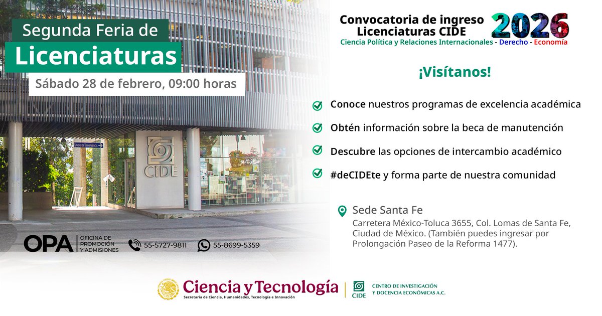 CIDE_MX's tweet photo. 📕 #deCIDEte y no dejes pasar la oportunidad de aplicar a nuestro proceso de admisión.
🚨Regístrate en: https://t.co/QMYOI28QKq
ℹ️ Si necesitas más información, contacta a la Oficina de Promoción y Admisiones del #CIDE: https://t.co/WfFK9XfhNJ https://t.co/If206r2gUk