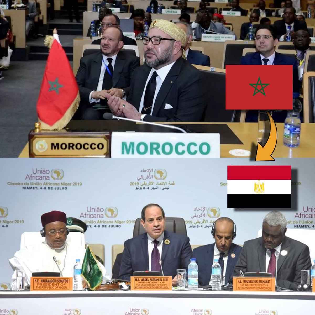♦️مصر 🇪🇬 امتنعت التصويت عن عودة المغرب🇲🇦 للاتحاد الإفريقي سنة 2017 في صدمة كبرى من طرف الدول العربية، و الكل طرح تساؤل آنذاك :
● كيف لدولة عربية شقيقة لا تجمعها أي عدوان أو نزاع مع دولة أخرى أن ترفض عودتها للاتحاد الإفريقي ؟

● ماذا بين مصر 🇪🇬 والمغرب 🇲🇦 في الكواليس ؟