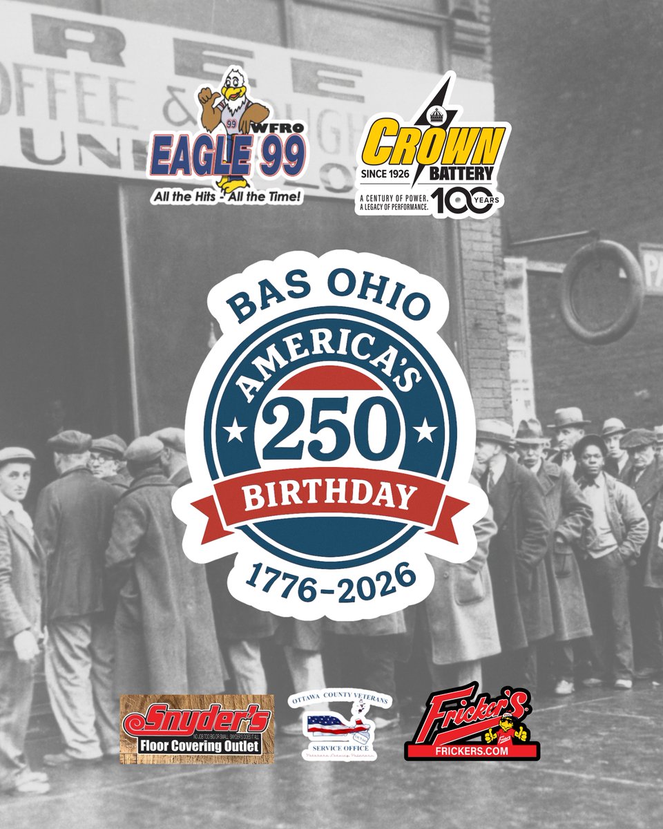eagle99wfro's tweet photo. @CrownBattery &amp; Eagle 99 WFRO countdown to America’s 250th! We're sharing historical highlights as we count down to this momentous occasion! Sponsored in part by Ottawa County VSO, Snyder’s Floor Covering &amp; Fricker’s Fremont 🦅 https://t.co/oItE5t3Ns5 https://t.co/DSgNIvzzAJ