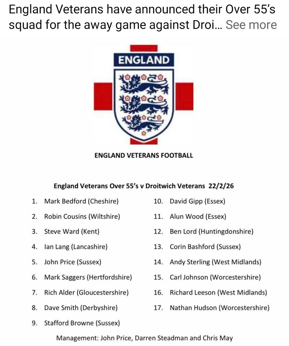 Congratulations <a href="/I_be_MarkB/">Mark Bedford</a>  ... I see you've made the England squad 😉  Hopefully you will play for <a href="/TintagelAFC/">Tintagel AFC</a> next time you are down here in Cornwall with Madness or visiting family.
