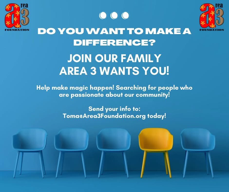 Do not miss this - we want you!

We're accepting letters of interest for the <a href="/Area3Foundation/">Area 3 Foundation</a> Board of Directors.

Please send your resume and a letter of intent to toma@area3foundation.org by Monday, 3/2/2026

#Area3Foundation #nonprofits #nonprofit #causes #Dept384 #ZooCrew