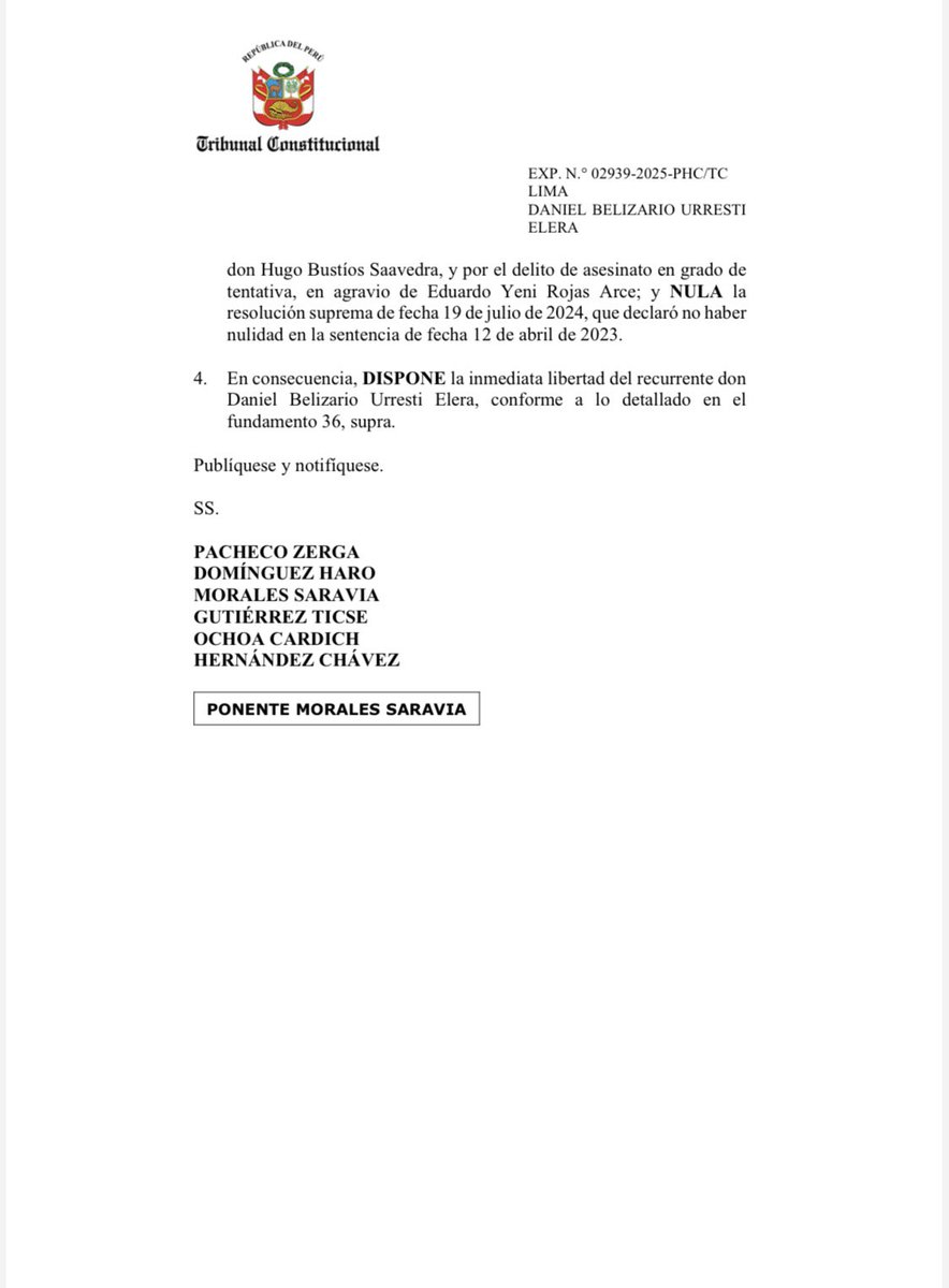 #Urgente🚨 El Tribunal Constitucional ordena la liberación de Daniel Urresti Elera y declara nula la sentencia en su contra por el asesinato del periodista Hugo Bustíos Saavedra.🧵