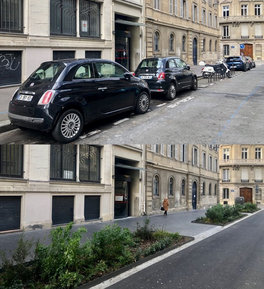 Avant / Après la végétalisation et la piétonisation de la Rue Fénélon dans le 10ème arrondissement de Paris. C'est tout le tour de l'Eglise Saint-Vincent de Paul qui a été changé ainsi.