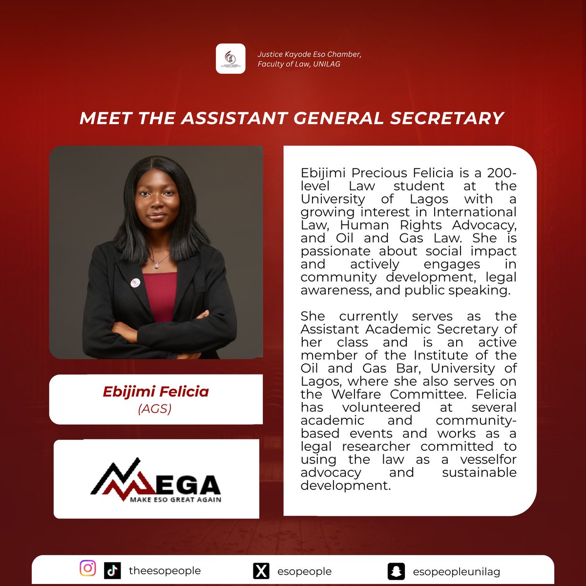 GUARDIAN OF THE MINUTES.

In a role that demands precision, she brings intention to every detail.
Driven by law and impact, she works with purpose.
She keeps everything steady and on track.
Meet Ebijimi Precious Felicia, the Assistant General Secretary.

THE MEGA TEAM