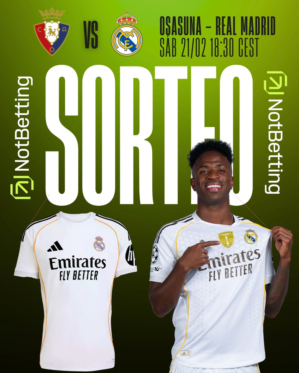 🚨 SORTEO INTERNACIONAL 🚨

👕 Si Vinícius Jr marca gol contra Osasuna vamos a sortear esta camiseta 👕 

🔗 Solo 2 pasos para participar:

1️⃣ Seguir a 
<a href="/NotBettingX/">NotBetting</a>
2️⃣ Dar RT y ❤️ a este tweet 

¡¡Suerte a todos!! 🍀