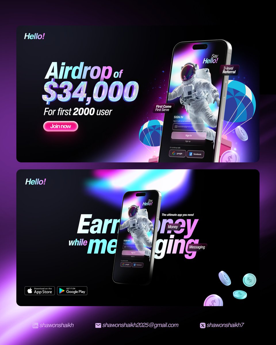 ShawonShaikh7's tweet photo. Promotional Designs for blockchain-based Social Media application.
What these designs deliver?
▪️ User focused
▪️ CTA button
▪️ Maintained goal theme
How is it? Let me know in the comments.
#SocialMediaDesign #Blockchain #design #Airdrop #Giveaway #cryptoappdesign https://t.co/ipwkJhrW49