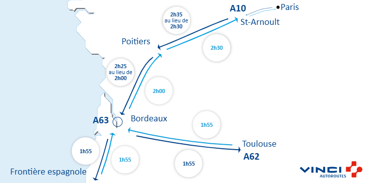 #VINCIAutoroutes vous informe sur vos conditions de circulation, pour #BienVoyager. #Infotrafic à 17h00 ⏱️ Vos temps de parcours sur <a href="/A10Trafic/">Autoroute A10</a>, <a href="/A62Trafic/">Autoroute A62</a> et <a href="/A63Trafic/">Autoroute A63</a>. #A63