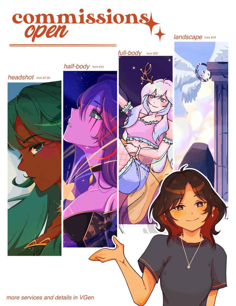 _reesart's tweet image. ˗ˏˋcommissions open´ˎ˗

💌 vgen: vgen.co/_reesart

...headshots: $7.50
...half-body: $15
...landscapes: $18
...full-body: $25
...and  more!
 #VGenOpen #VGenComm #VGen #artmoots