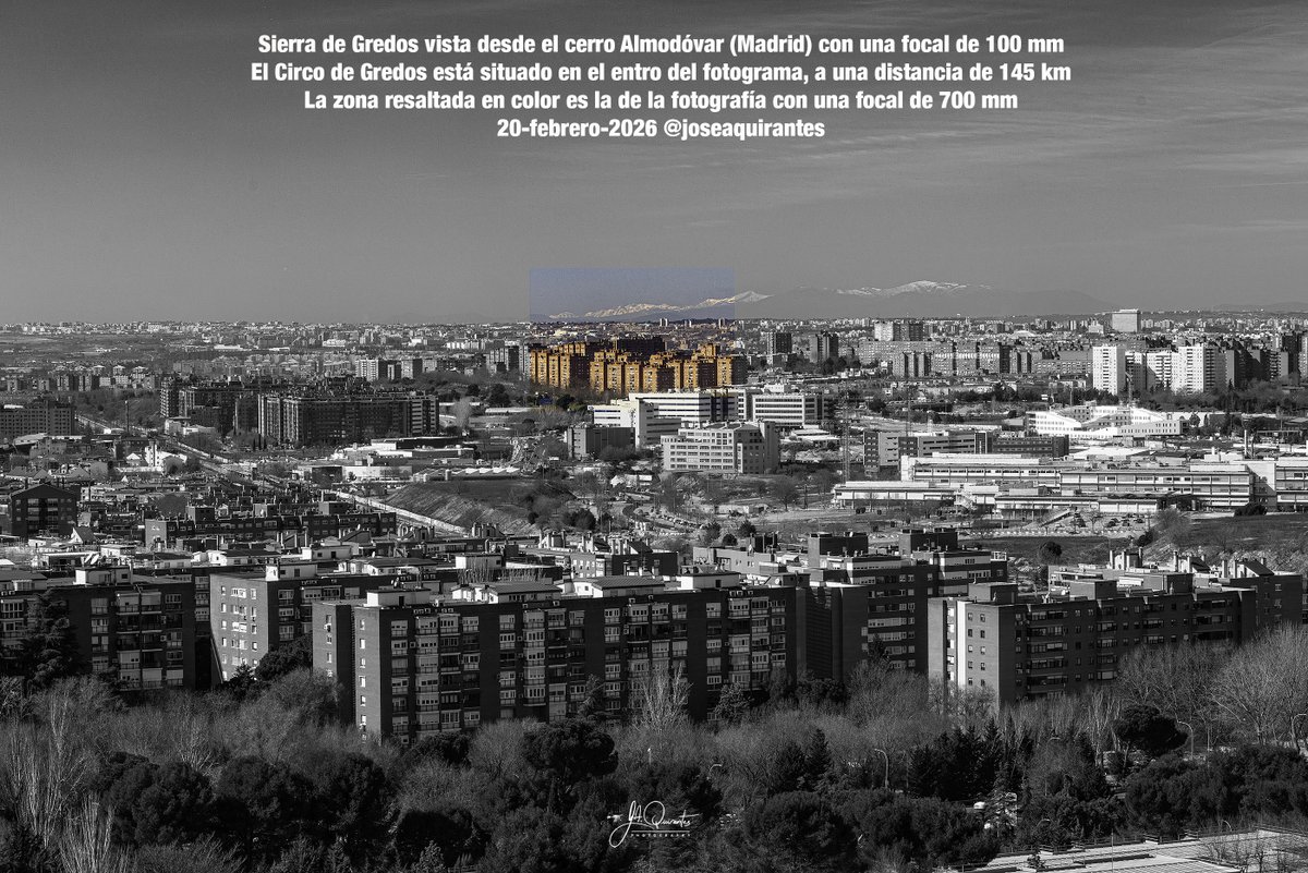 He aprovechado este primer día de anticiclón, sin  apenas nubosidad y todavía con una visibilidad razonablemente buena (en 2 días la contaminación cambiará totalmente estas condiciones), para fotografiar el Circo de Gredos desde el cerro Almodóvar (Madrid), a 145 km de distancia
