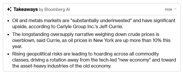 Jeff Currie: Oil and metals are substantially underinvested and have significant upside.

- There is no oil supply glut
- Oil on water is largely a function of sanctions
- Disruptions at export terminals and a US winter storm have supported prices

Geopolitical risks are rising