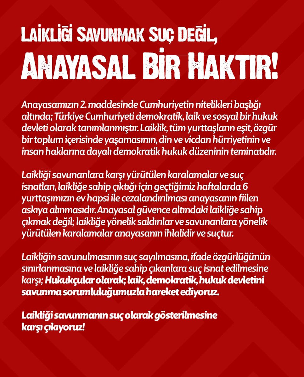 LAİKLİĞİ Savunmak Suç Değil, Anayasal Bir Haktır!

Laiklik, tüm yurttaşların eşit, özgür bir toplum içerisinde yaşamasının, din ve vicdan hürriyetinin ve insan haklarına dayalı demokratik hukuk düzeninin teminatıdır.

#LaikliğiSavunmakHaktır
laikligisavunuyoruz.org
