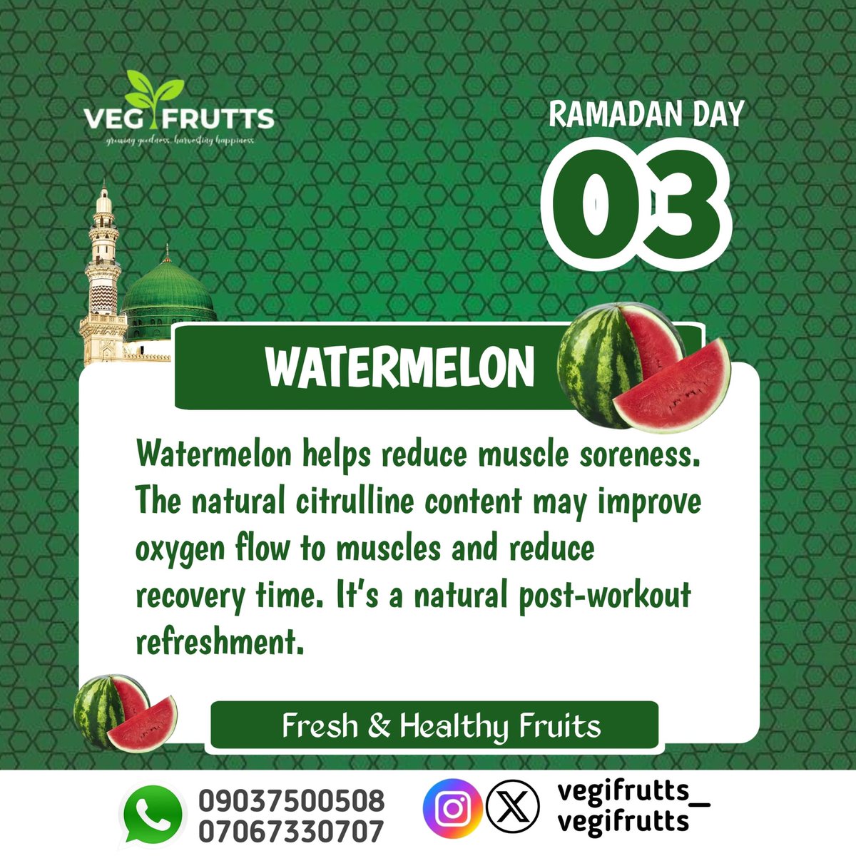 vegifrutts's tweet photo. Day 3: Muscle Recovery Booster
Watermelon helps reduce muscle soreness. The natural citrulline content may improve oxygen flow to muscles and reduce recovery time. Itโs a natural post-workout refreshment.
#VEGIFRUTTS
#ramadan30dayschallenge
#ramadanday3
Ramadan Mubarak https://t.co/IXbXQ6Dk0v