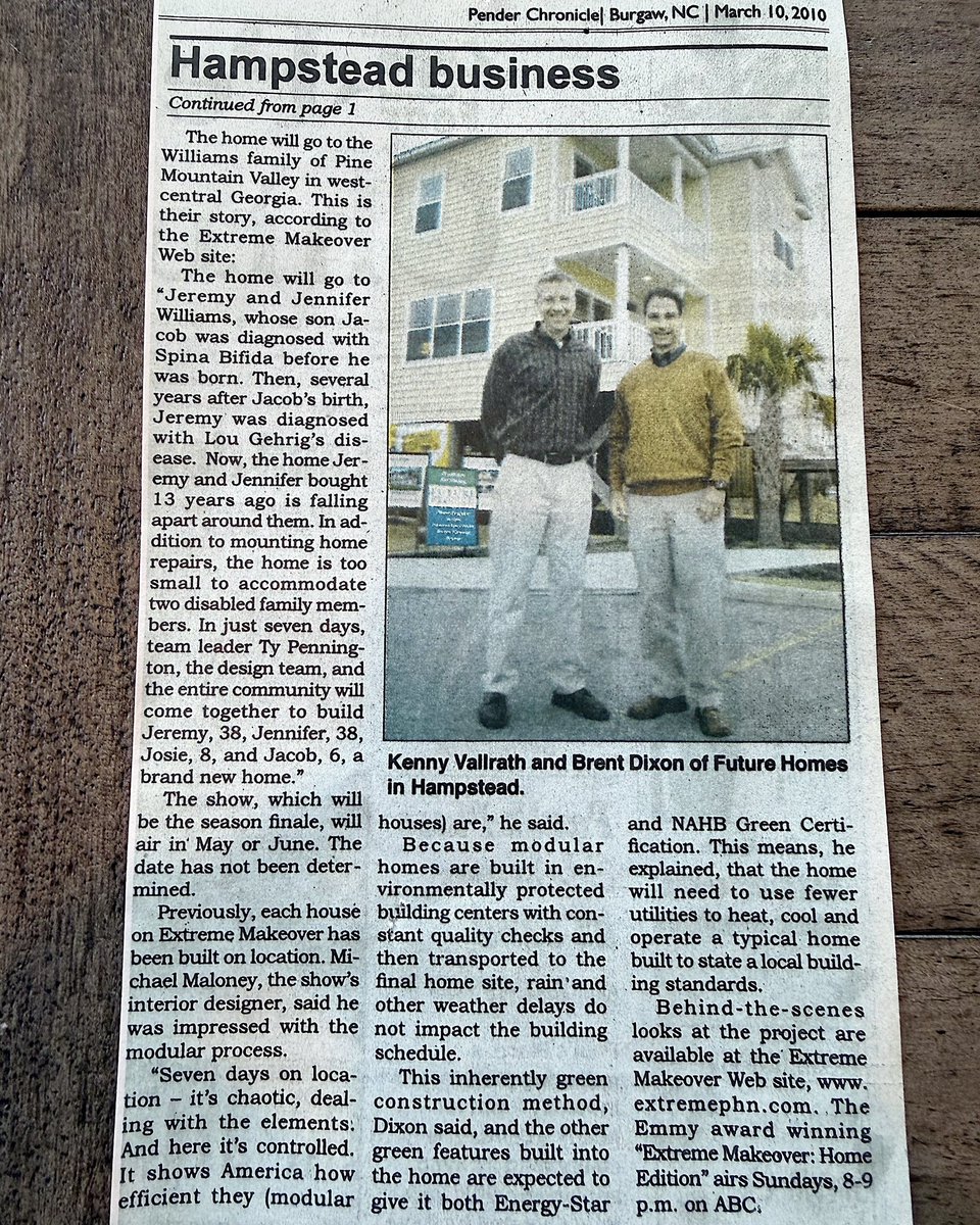 FutureHomesMod's tweet photo. In 2010, Future Homes was featured in the Pender Chronicle for our role in the Extreme Makeover project that aired on ABC’s Extreme Makeover: Home Edition.

Since 1993, with over 2,000 homes built, we are proud to serve our local communities with a better way to build. https://t.co/w4fskfLODU