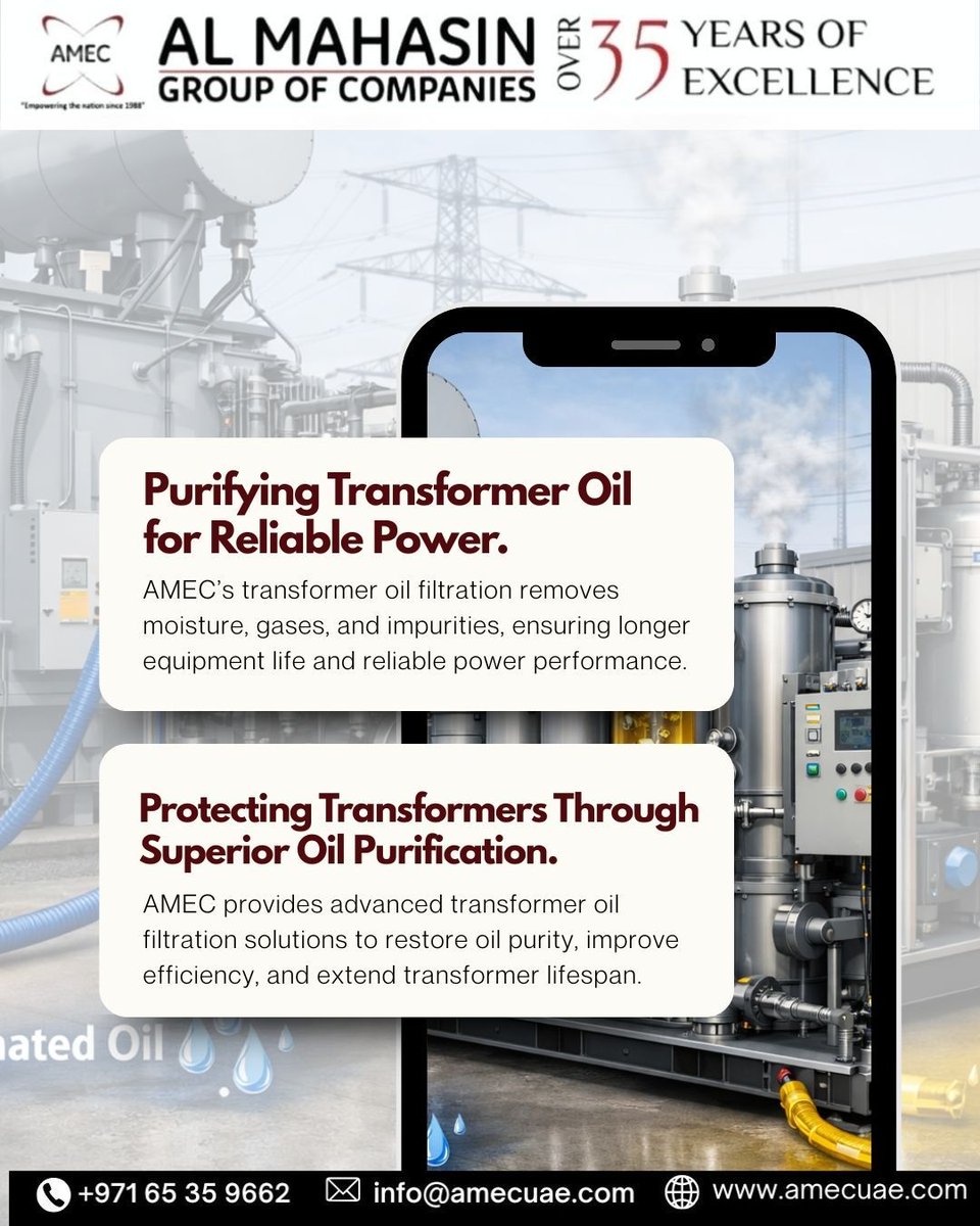 amecuae's tweet image. Reliable power starts with pure transformer oil ⚡

Protect your assets. Improve efficiency. Power with confidence.

📞 +971 65 35 9662
📧 info@amecuae.com

🌐 amecuae.com

#AMEC #TransformerOilFiltration #OilPurification #PowerReliability #TransformerMaintenance