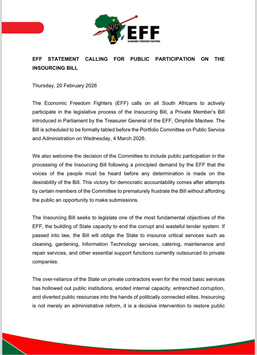 EFFSouthAfrica's tweet photo. ♦️Must Read♦️

EFF Statement Calling For Public Participation On The Insourcing Bill.

—We further call on all those who wish to make written and/or oral submissions during the parliamentary process to formally indicate their intention to do so to the Secretary of the Portfolio Committee on Public Service and Administration no later than 24
February 2026, and to copy EFF Communications in their correspondence.

In their correspondence, prospective participants must clearly state whether they intend to make a written submission, an oral presentation, or both, and indicate their availability for Wednesday, 4 March 2026, to enable the Committee to properly coordinate and schedule the proceedings.

Link
https://t.co/e1LSFxZWqd
Bill.pdf

For submission and inputs please send correspondence to:
Email: mzibeko@parliament.gov.za cc: communications@effonline.org
Tel: 021 403 8445
Cell: 083 709 8531