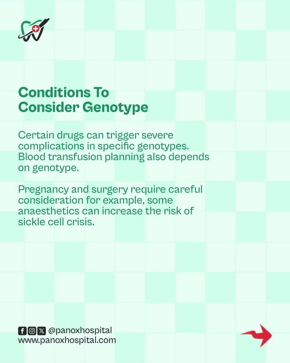 panox_hospital's tweet image. Your genotype is not only important for marriage discussions, it is a personal health tool that protects you throughout life.
📍 Visit us today at 4 Raji Rasaki Estate Road, Amuwo Odofin, Lagos.

#SickleCellAwareness #GenotypeTesting 
#PreventiveHealthcare #LagosHospital