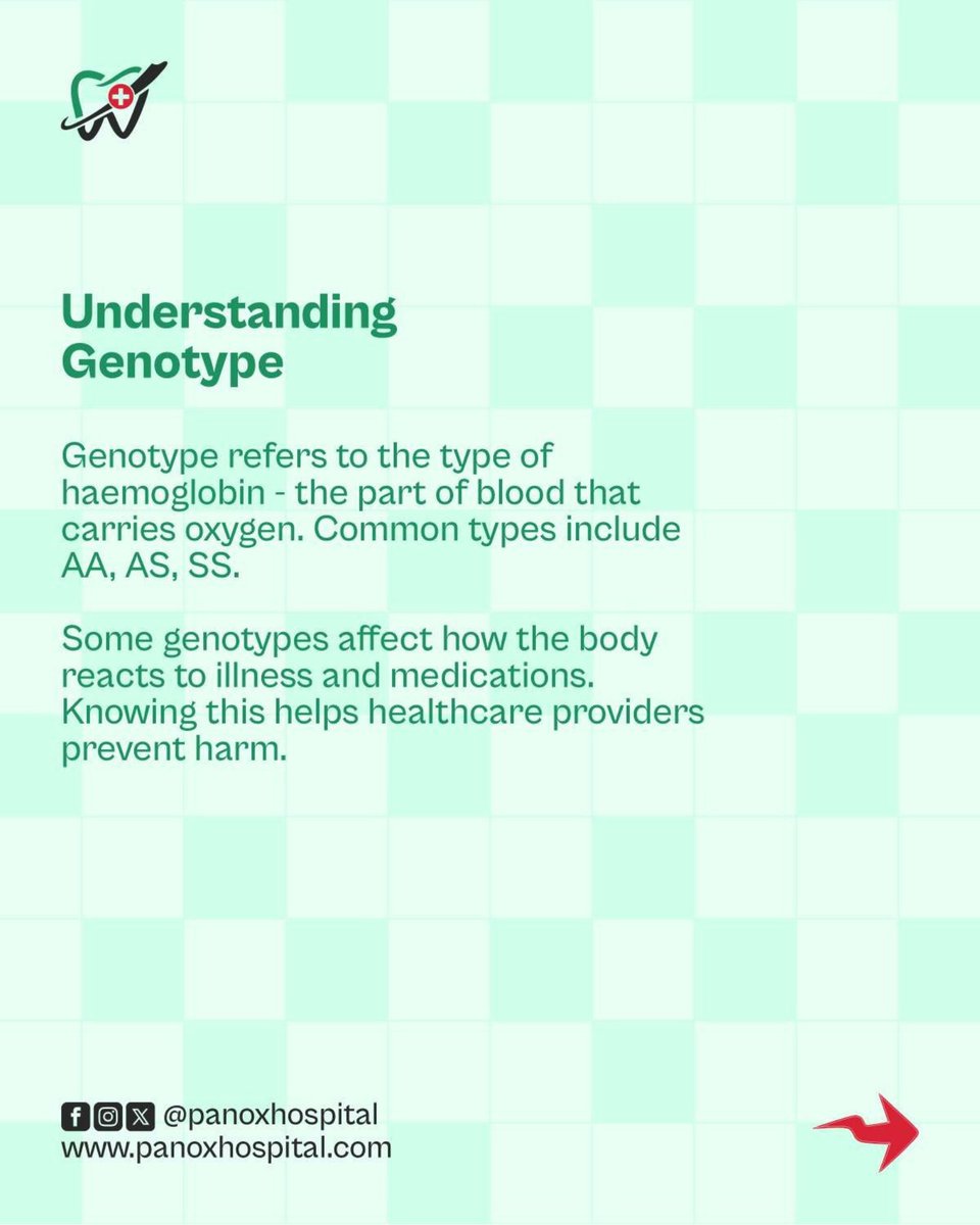 panox_hospital's tweet image. Your genotype is not only important for marriage discussions, it is a personal health tool that protects you throughout life.
📍 Visit us today at 4 Raji Rasaki Estate Road, Amuwo Odofin, Lagos.

#SickleCellAwareness #GenotypeTesting 
#PreventiveHealthcare #LagosHospital