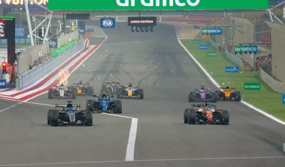wearetherace's tweet photo. ANOTHER strong Ferrari start... but Russell holds the lead into T1 😉 https://t.co/uxrE2LWwqM