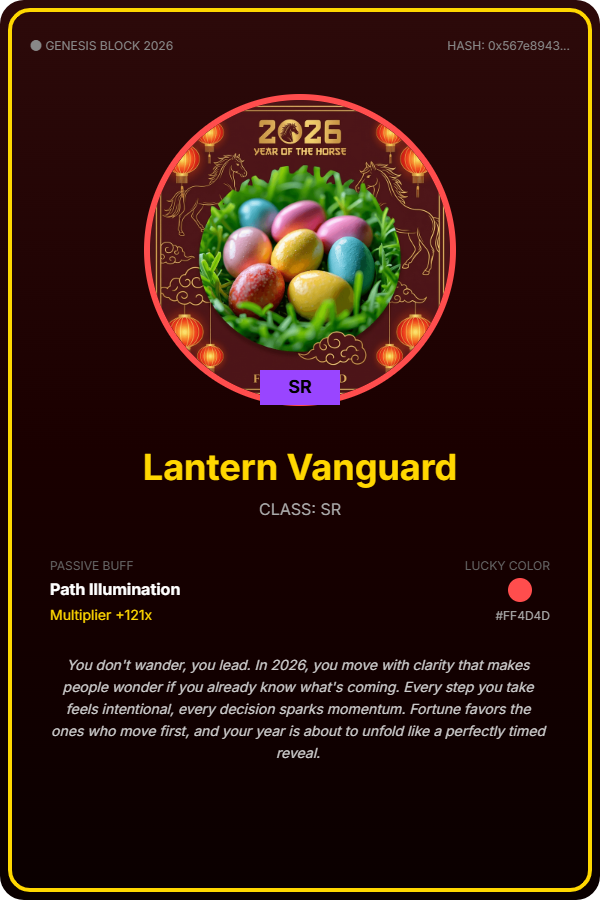hellozhu0601's tweet photo. Testing my luck with Perle of Fortune: Year of the Horse 🧧

Just minted my Perle Identity: Lantern Vanguard (SR)

Passive Buff: Path Illumination (+121x) 💰

Generate your own unique Perle card + claim a limited red packet cover 👇 https://t.co/iaxi77ctsX https://t.co/WPiZfcvRfH
