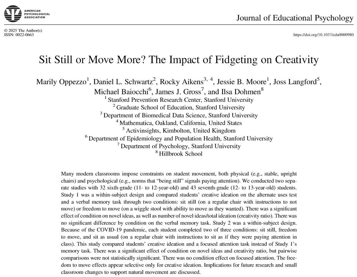 Telling kids to sit still doesn’t build discipline. It stifles imagination.

Evidence: When students are given freedom to fidget and wiggle in their seats, they pay just as much attention—and generate more creative ideas.

Physical activity unlocks mental agility.