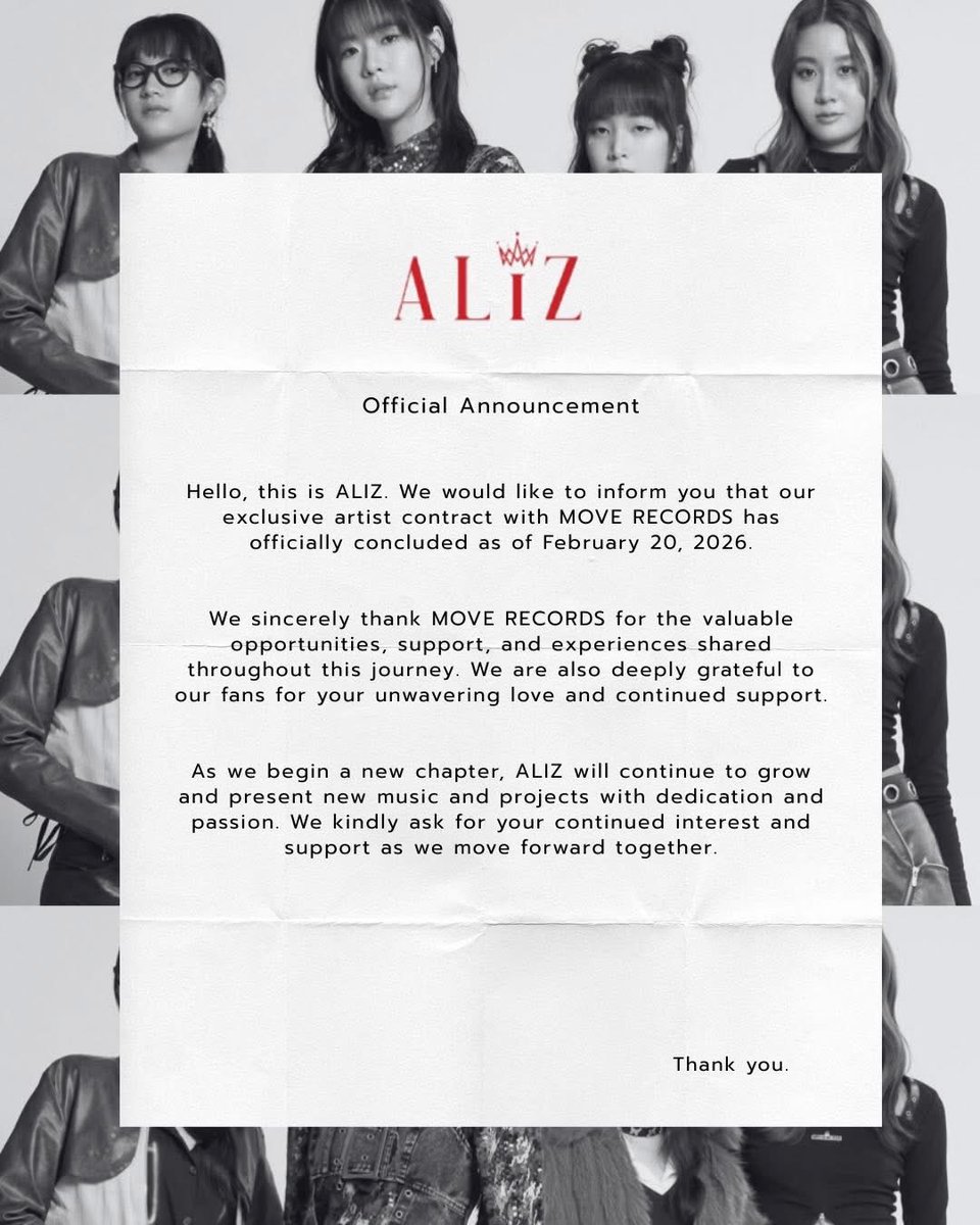 ประกาศสิ้นสุดสัญญาการเป็นศิลปิน 🤍
#ALIZband