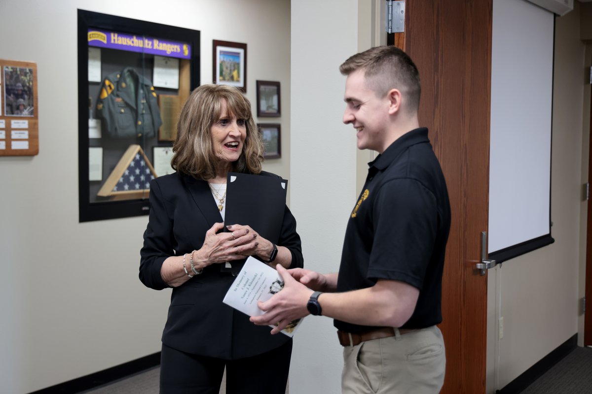 UWSPROTC's tweet photo. For the first time, our program was proud to present the COL Vance Klosinski Scholarship to CDT Jack McGovern. Making the moment even more special, COL Klosinski’s aunt Kathy Breseman, who served as our HR assistant from 1990-2010, joined us to share personal stories. #UWSP https://t.co/lYNuwKq9xb