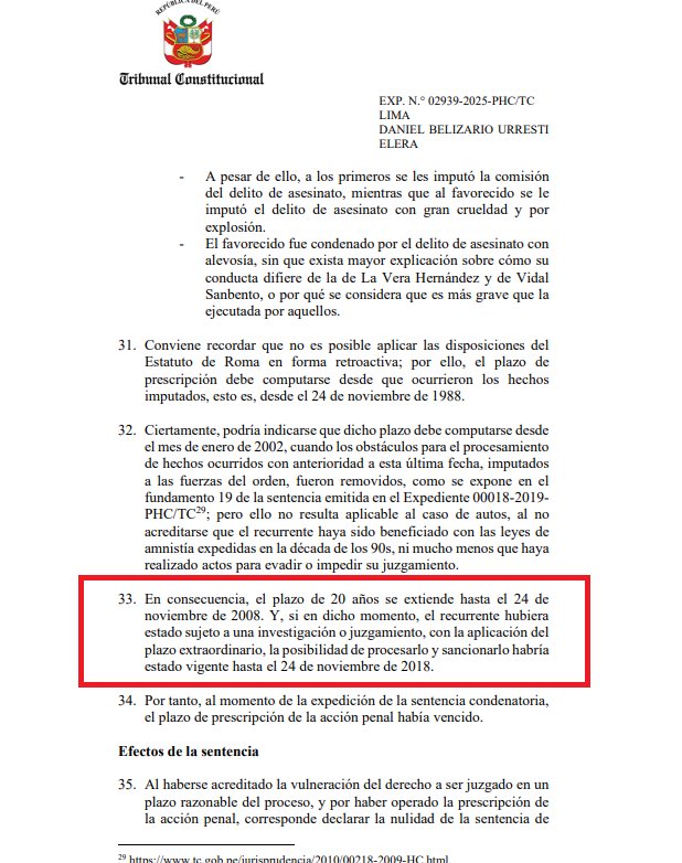 #OjoAlDato 🔎 El Tribunal Constitucional aplicó la Ley 32107 que establece la prescripción de delitos de lesa humanidad. El plazo para procesar a Daniel Urresti caducó en 2018, según la resolución. 🧵