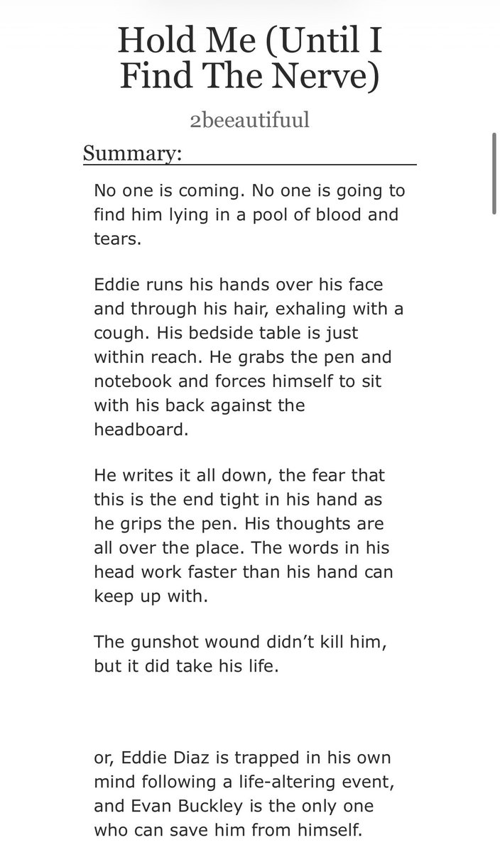 2beeautifuul's tweet photo. Hold Me (Until I Find The Nerve)

COMPLETE, 45k, T+

🤝 Eddie’s trapped in his own mind &amp; Buck’s the only one who can save him 
🤝 #Buddie angst/comfort (NDE)
🤝 Eddie Diaz character study, ref to canon
🤝 Love confessions, dire situations

#911onABC 

🔗 https://t.co/uosTr6uUKB https://t.co/0LKUp7tKxh