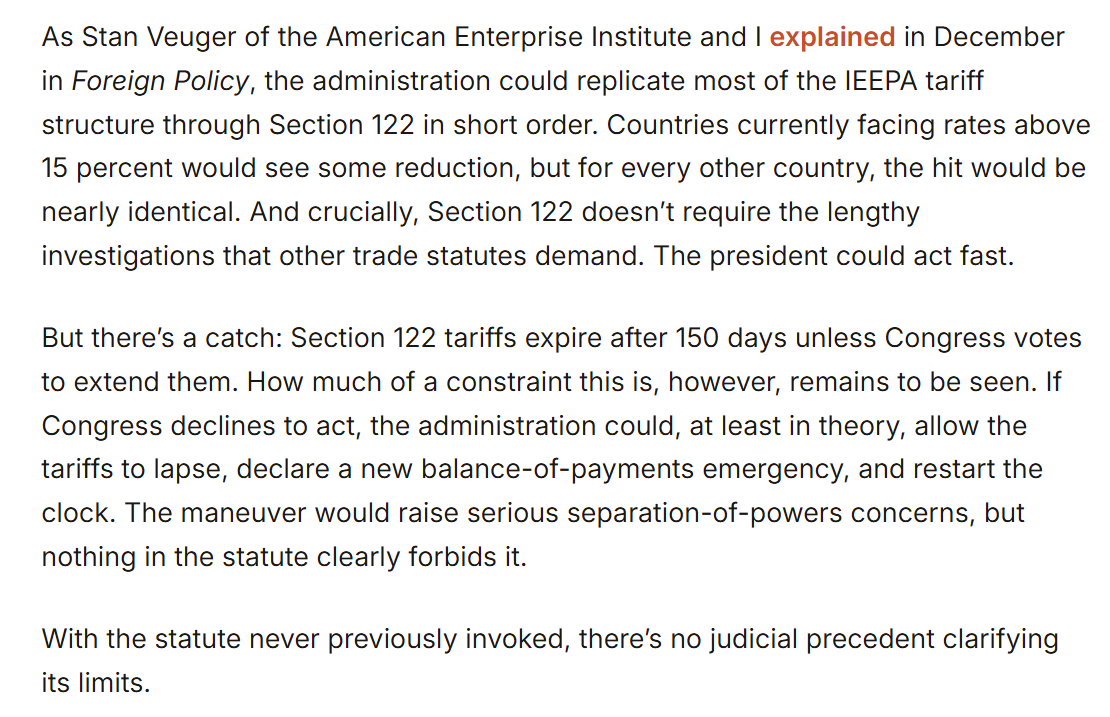 The Supreme Court ruling that struck down the IEEPA tariffs is an important win

But there will be another round of litigation when the Admin replicates most of those tariffs through Section 122 of the Trade Act of 1974
cato.org/blog/supreme-c…