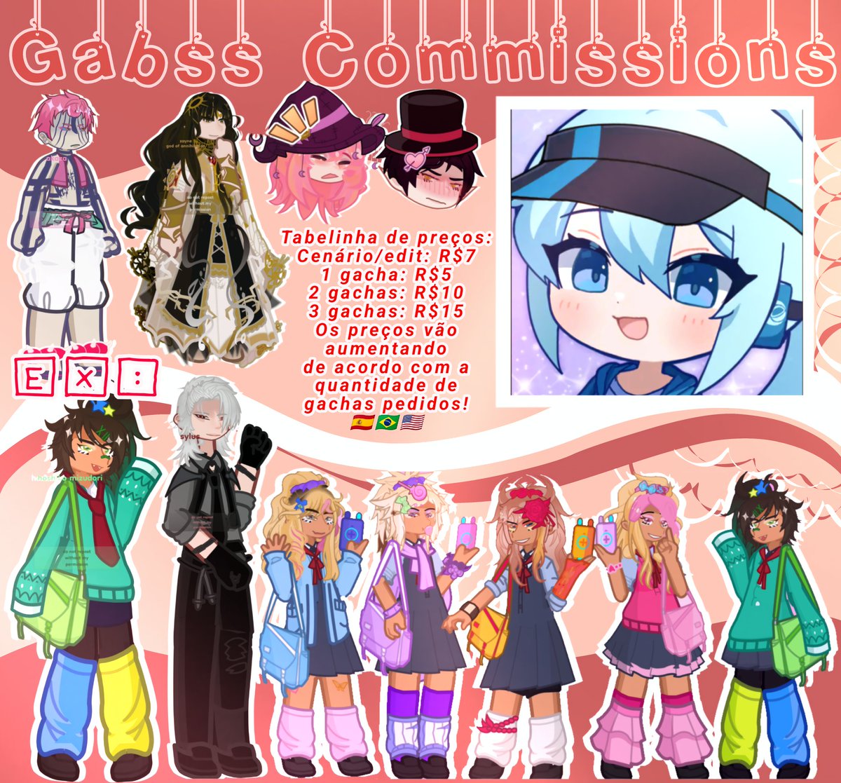 +comissões que é pelo gacha life 2 onde eu posso fazer OC/Yumeship/qualquer personagem q vc quiser com todos os hacks possíveis e estilos q o jogo proporciona. Aq um exemplo da minha tabelinha (ainda vou criar uma nova)👇🏽👇🏽