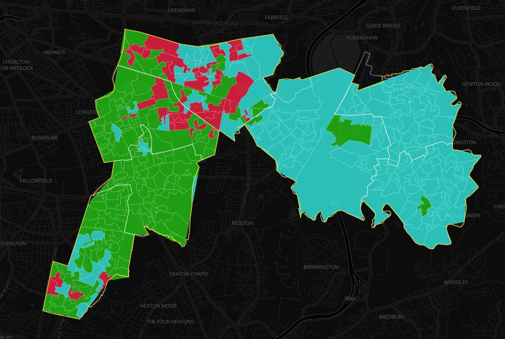 BritainVotesNow's tweet photo. Gorton and Denton by-election poll (Omnisis, 13 - 19 Feb):

🌍 Grn: 33%
➡️ Ref: 29%
🌹 Lab: 26%
🌳 Con: 5%
🔶 Lib: 2%

Expected top party by local census area, if this poll were the actual result: https://t.co/bj0DyxIX0k