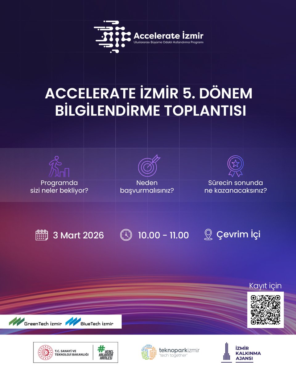 Accelerate İzmir 5. Dönem program sürecine ilişkin tüm detayların paylaşılacağı çevrim içi bilgilendirme toplantısına davetlisiniz.

📅 3 Mart 2026
⏰ 10.00 – 11.00
💻 Çevrim içi

👉 Kayıt: airtable.com/app0JhWPTFJYgP…