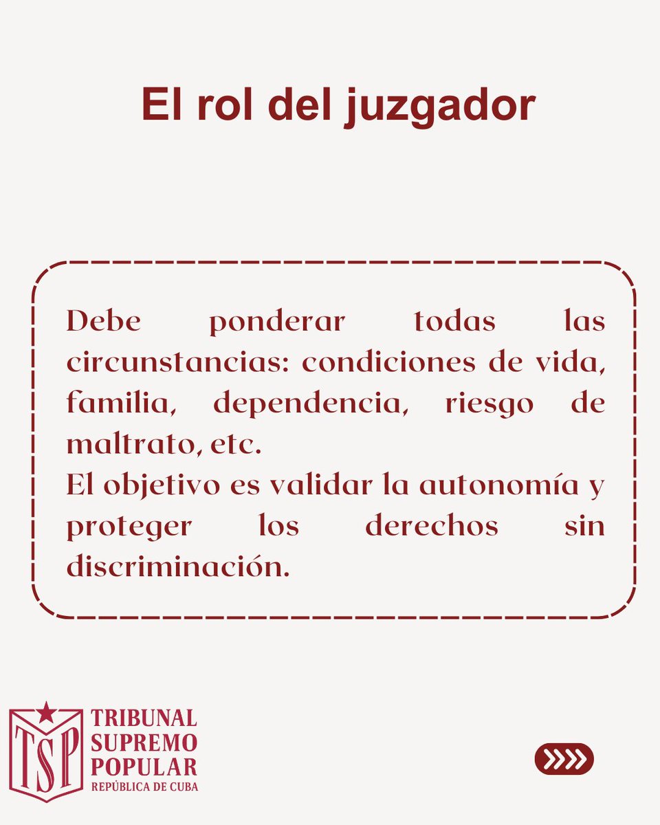 La verdadera justicia es la q no deja a nadie fuera. 
Por eso,tenemos figuras como los apoyos y los ajustes razonables,pensadas para q las personas en situación de discapacidad puedan ejercer sus derechos en igualdad de condiciones. Protegemos su autonomía
tsp.gob.cu/proteccion-jud…